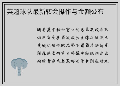 英超球队最新转会操作与金额公布