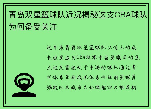 青岛双星篮球队近况揭秘这支CBA球队为何备受关注